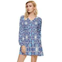 Islamic Ornament Texture, Texture With Stars, Blue Ornament Texture Tiered Long Sleeve Mini Dress by nateshop