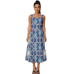 Islamic Ornament Texture, Texture With Stars, Blue Ornament Texture Square Neckline Tiered Midi Dress by nateshop