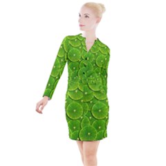 Lime Textures Macro, Tropical Fruits, Citrus Fruits, Green Lemon Texture Button Long Sleeve Dress by nateshop