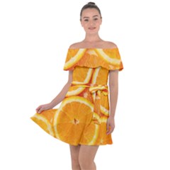 Oranges Textures, Close-up, Tropical Fruits, Citrus Fruits, Fruits Off Shoulder Velour Dress by nateshop