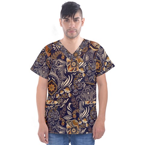 Paisley Texture, Floral Ornament Texture Men s V-neck Scrub Top by nateshop