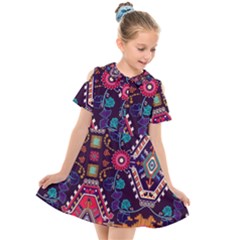 Pattern, Ornament, Motif, Colorful Kids  Short Sleeve Shirt Dress by nateshop