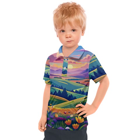 Field Valley Nature Meadows Flowers Dawn Landscape Kids  Polo T-shirt by Maspions