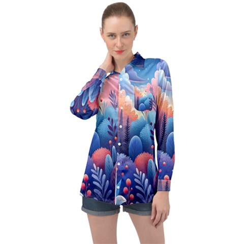 Nature Night Bushes Flowers Leaves Clouds Landscape Berries Story Fantasy Wallpaper Background Sampl Long Sleeve Satin Shirt by Maspions