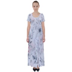 Light Grey And Pink Floral High Waist Short Sleeve Maxi Dress by LyssasMindArt