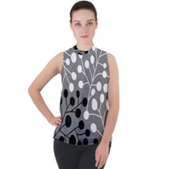 Abstract Nature Black White Mock Neck Chiffon Sleeveless Top