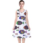 Fish Abstract Colorful V-Neck Midi Sleeveless Dress 