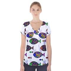 Fish Abstract Colorful Short Sleeve Front Detail Top by Maspions