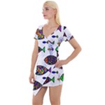 Fish Abstract Colorful Short Sleeve Asymmetric Mini Dress