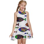 Fish Abstract Colorful Kids  Halter Collar Waist Tie Chiffon Dress