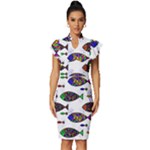 Fish Abstract Colorful Vintage Frill Sleeve V-Neck Bodycon Dress