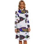 Fish Abstract Colorful Long Sleeve Shirt Collar A-Line Dress