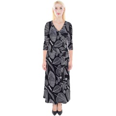 Leaves Flora Black White Nature Quarter Sleeve Wrap Maxi Dress by Maspions