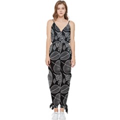 Leaves Flora Black White Nature Sleeveless Tie Ankle Chiffon Jumpsuit by Maspions