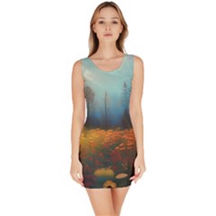 Wildflowers Field Outdoors Clouds Trees Cover Art Storm Mysterious Dream Landscape Bodycon Dress by Posterlux