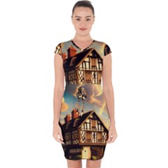 Village House Cottage Medieval Timber Tudor Split Timber Frame Architecture Town Twilight Chimney Capsleeve Drawstring Dress  by Posterlux
