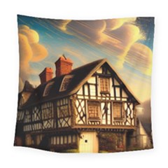 Village House Cottage Medieval Timber Tudor Split Timber Frame Architecture Town Twilight Chimney Square Tapestry (large)