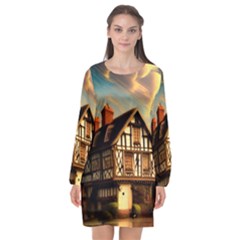 Village House Cottage Medieval Timber Tudor Split Timber Frame Architecture Town Twilight Chimney Long Sleeve Chiffon Shift Dress  by Posterlux
