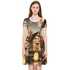 Village House Cottage Medieval Timber Tudor Split Timber Frame Architecture Town Twilight Chimney Inside Out Cap Sleeve Dress by Posterlux