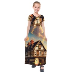 Village House Cottage Medieval Timber Tudor Split Timber Frame Architecture Town Twilight Chimney Kids  Short Sleeve Maxi Dress by Posterlux