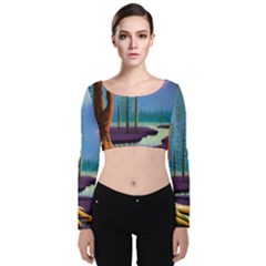 Artwork Outdoors Night Trees Setting Scene Forest Woods Light Moonlight Nature Velvet Long Sleeve Crop Top by Posterlux