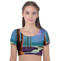 Artwork Outdoors Night Trees Setting Scene Forest Woods Light Moonlight Nature Velvet Short Sleeve Crop Top  by Posterlux