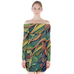 Outdoors Night Setting Scene Forest Woods Light Moonlight Nature Wilderness Leaves Branches Abstract Long Sleeve Off Shoulder Dress by Posterlux