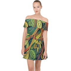 Outdoors Night Setting Scene Forest Woods Light Moonlight Nature Wilderness Leaves Branches Abstract Off Shoulder Chiffon Dress by Posterlux