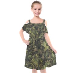 Green Camouflage Military Army Pattern Kids  Cut Out Shoulders Chiffon Dress