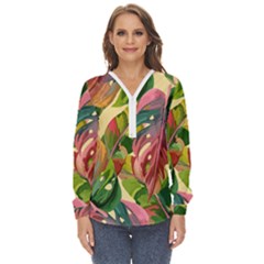 Monstera Colorful Leaves Foliage Zip Up Long Sleeve Blouse