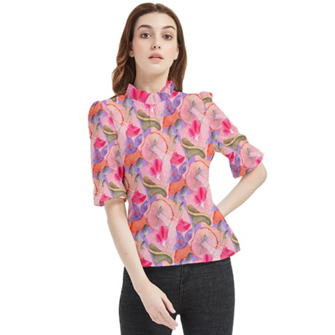 Pink Glowing Flowers Frill Neck Blouse by Sparkle