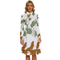 Nasturtium Flower Plant Leaves Long Sleeve Shirt Collar A-line Dress