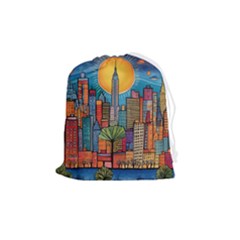 City New York Nyc Skyscraper Skyline Downtown Night Business Urban Travel Landmark Building Architec Drawstring Pouch (medium) by Posterlux