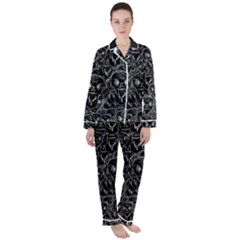 Old Man Monster Motif Black And White Creepy Pattern Women s Long Sleeve Satin Pajamas Set	 by dflcprintsclothing