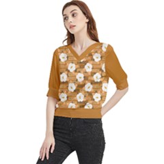 Hand Drawn Bold Coral White Spring Flower Blooms Quarter Sleeve Blouse