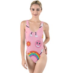 Cute Characters In Psychedelic 70s Style  Hippie, Psychedelic Droove, Retro High Leg Strappy Swimsuit by swimsuitscccc