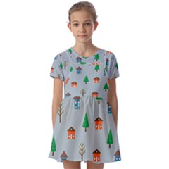 House Trees Pattern Background Kids  Short Sleeve Pinafore Style Dress by Maspions