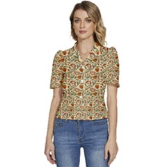 Floral Design Puffed Short Sleeve Button Up Jacket