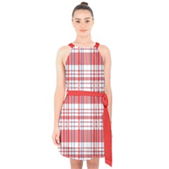 Traditional Vintage Geometric Retro Rwb Red White Blue Old Halter Collar Waist Tie Chiffon Dress by DimSum