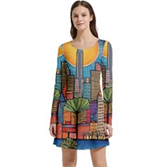 City New York Nyc Skyscraper Skyline Downtown Night Business Urban Travel Landmark Building Architec Long Sleeve Velour Skater Dress by Posterlux