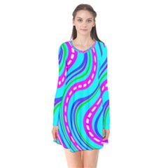 Swirls Pattern Design Bright Aqua Long Sleeve V-neck Flare Dress by Ndabl3x
