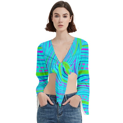 Pattern Swirl Pink Green Aqua Trumpet Sleeve Cropped Top by Ndabl3x