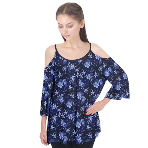 Stylized Floral Intricate Pattern Design Black Backgrond Flutter Sleeve T-shirt  by dflcprintsclothing