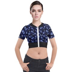 Stylized Floral Intricate Pattern Design Black Backgrond Short Sleeve Cropped Jacket by dflcprintsclothing