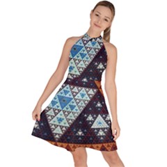 Fractal Triangle Geometric Abstract Pattern Sleeveless Halter Neck A-line Dress by Cemarart