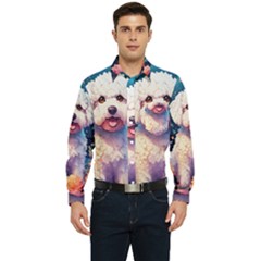 Cute Puppy With Flowers Men s Long Sleeve Pocket Shirt  by Sparkle
