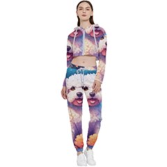 Cute Puppy With Flowers Cropped Zip Up Lounge Set