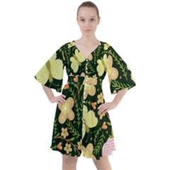 Flowers Rose Blossom Pattern Boho Button Up Dress