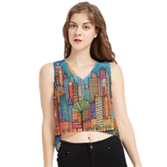 City New York Nyc Skyscraper Skyline Downtown Night Business Urban Travel Landmark Building Architec V-neck Cropped Tank Top by Posterlux