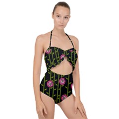 Abstract Rose Garden Scallop Top Cut Out Swimsuit